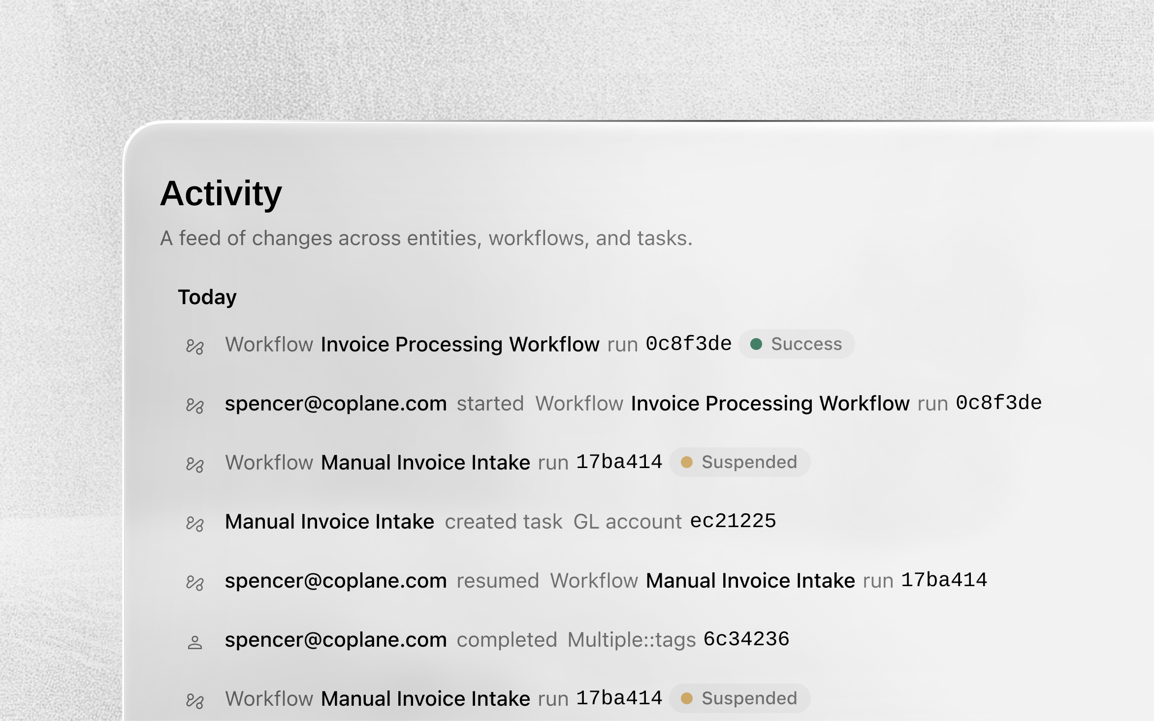 An activity history showing workflow success, suspension, and resumed execution.