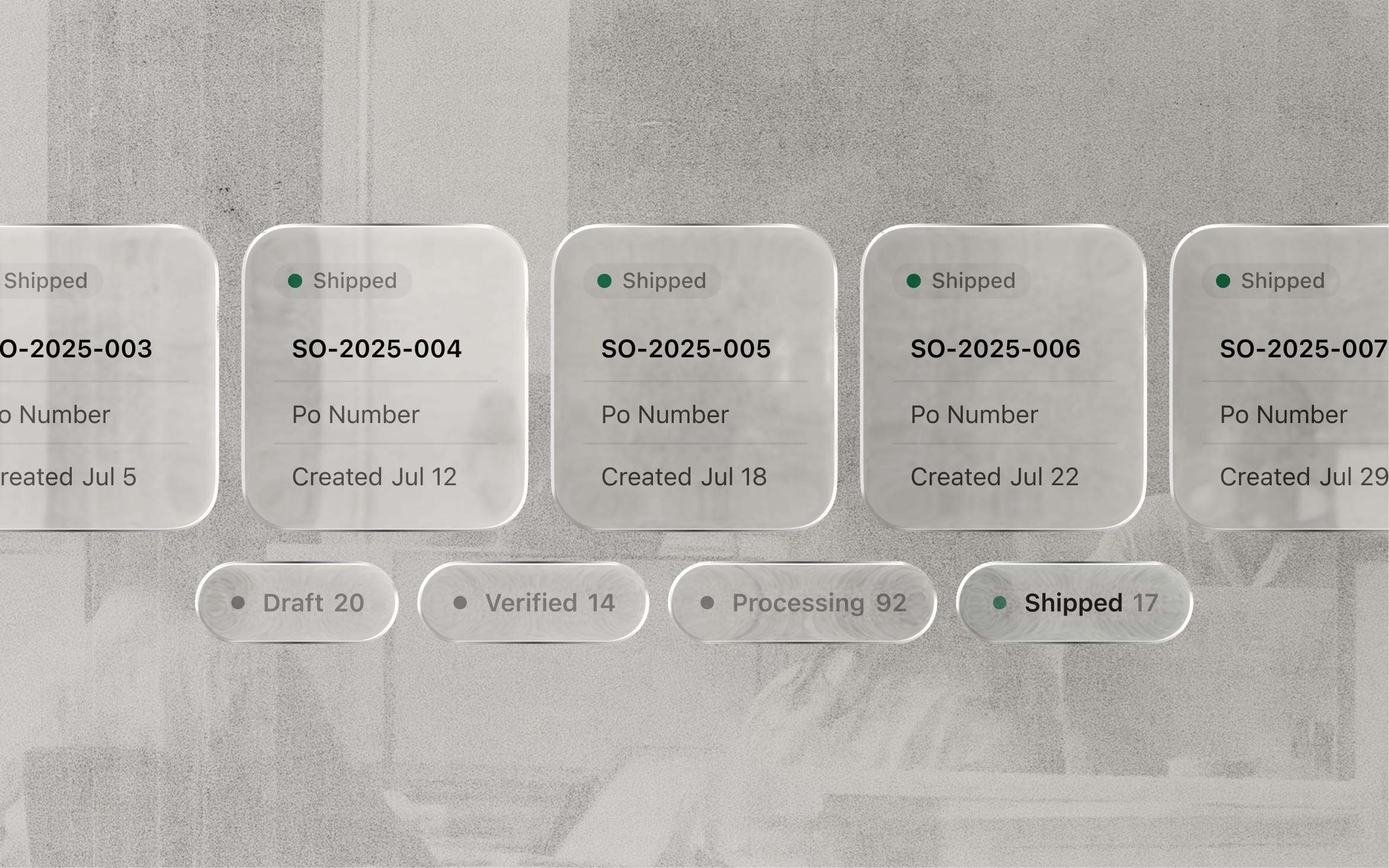 Sales orders organized by draft, verified, processing, and shipped status.