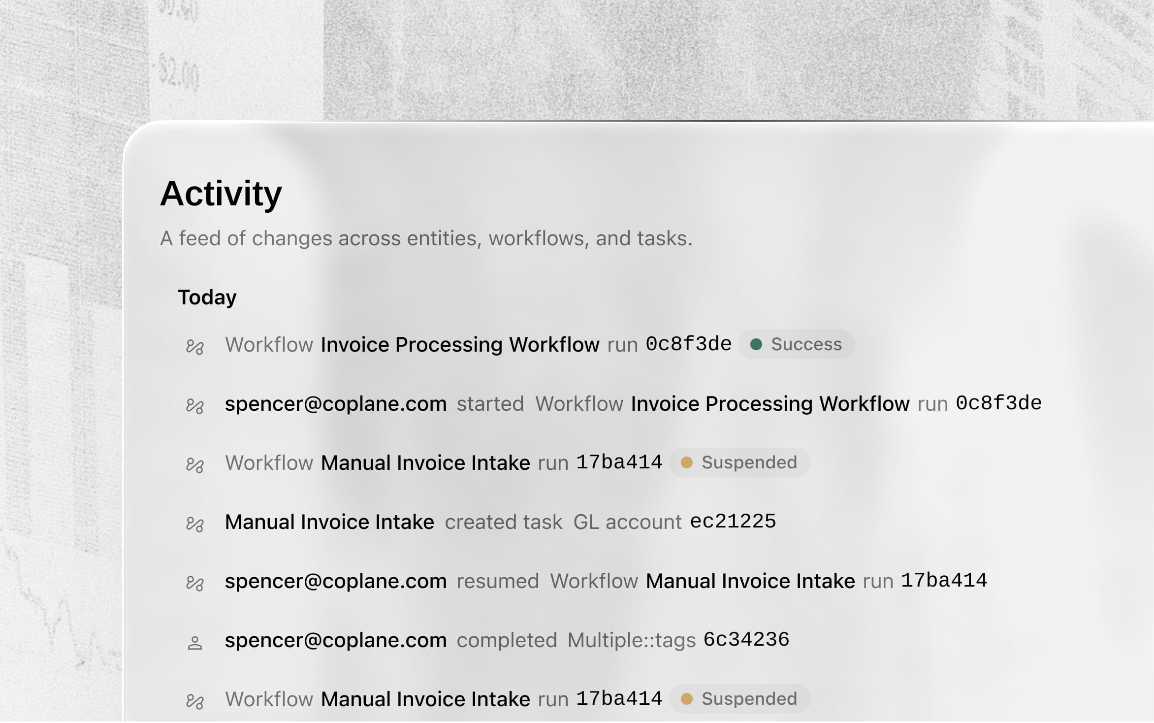 An activity history showing workflow success, suspension, and resumed execution.